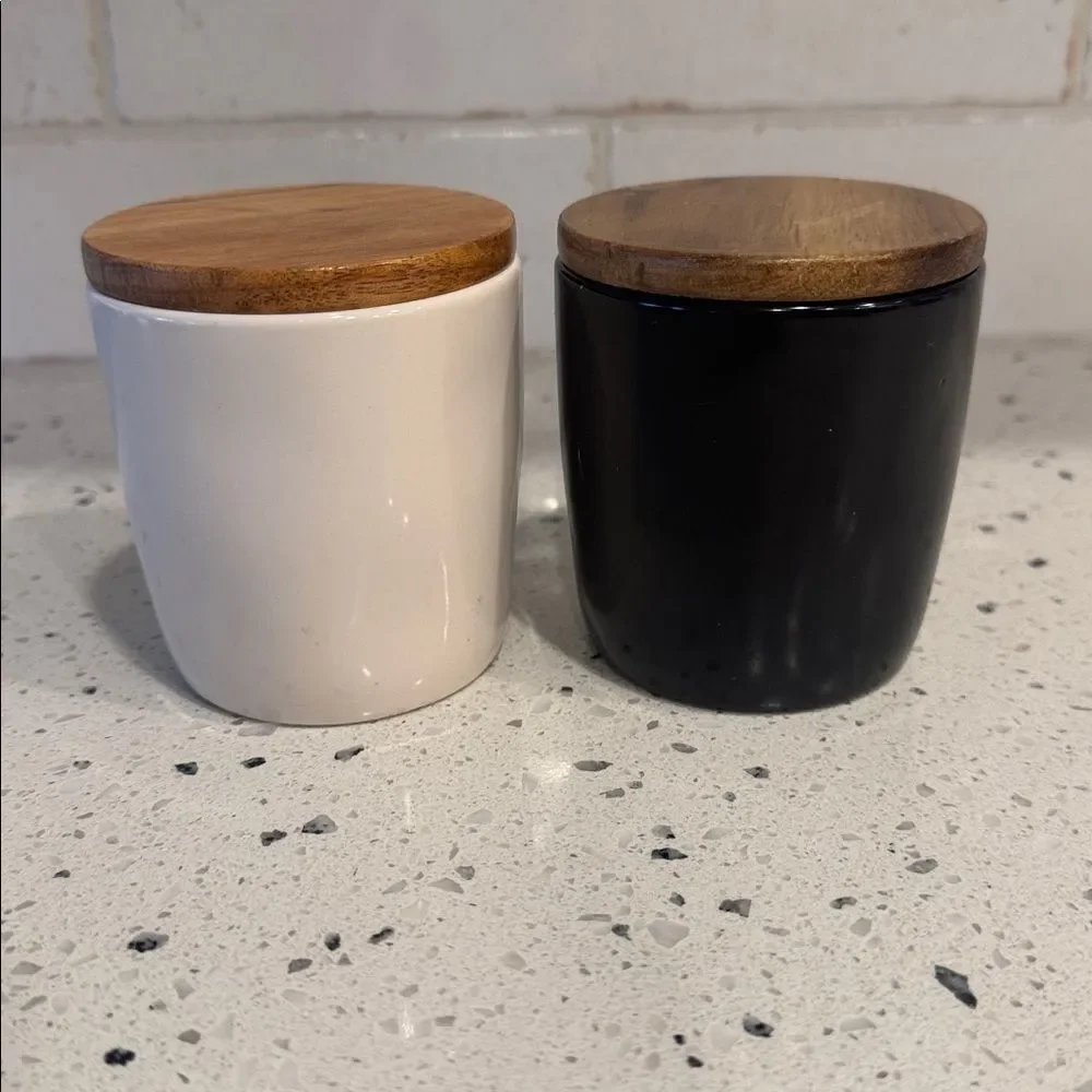 Rae Dunn Ceramic Salt And Pepper Cellars Wooden Lids Artisan Farmhouse Magenta
